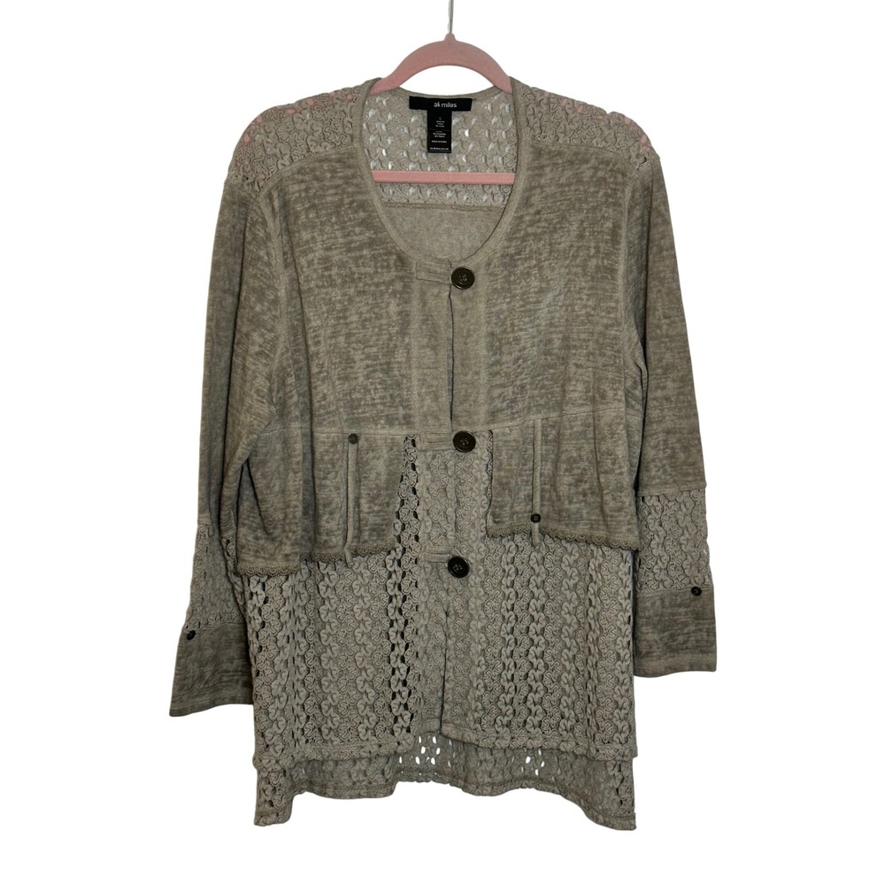 Ali‎ Miles Knit Topper Jacket Size L Taupe Gray Lace Button Accent Boho Casual